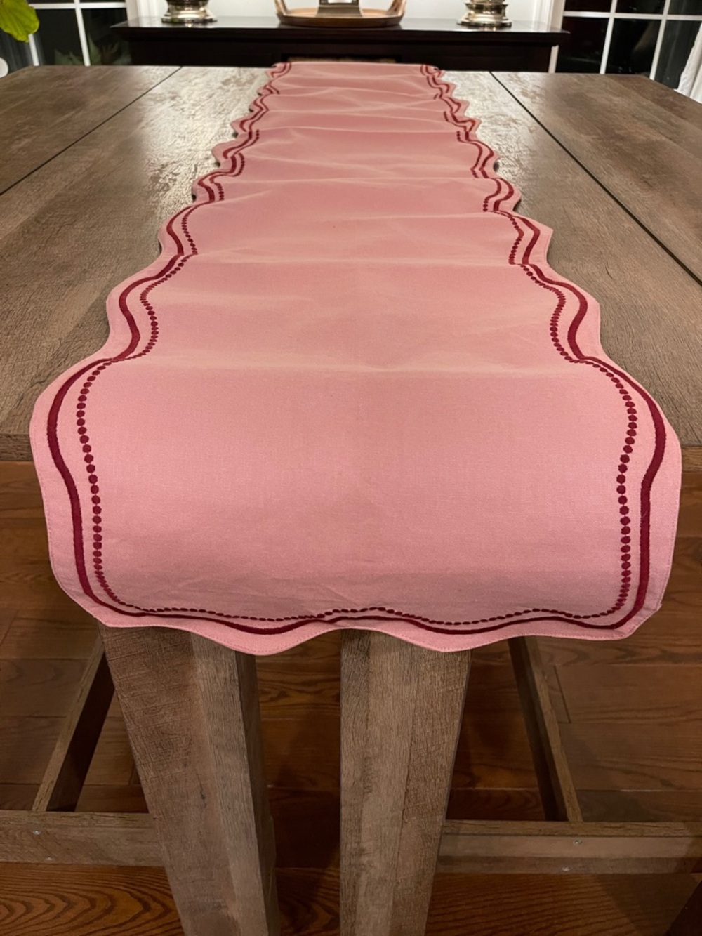 72” Cotton Pink Scalloped Table Runner with Embroidered Trim